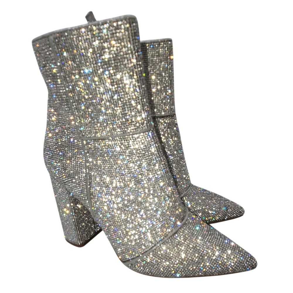Steve Madden Noticed-R Rhinestone Silver Ankle Boots Pointed Toe Block Heel 8 - Picture 1 of 8